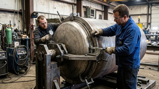 Closeup medium shot of technicians using a precision jig fixture to securely position a boiler end head ensuring perfect alignment before welding.