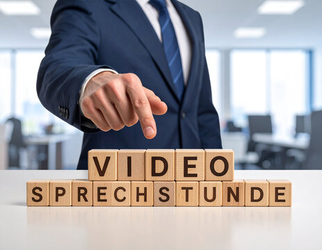 Video Sprechstunde - Geschäftsmann zeigt auf den Text "Video Sprechstunde"