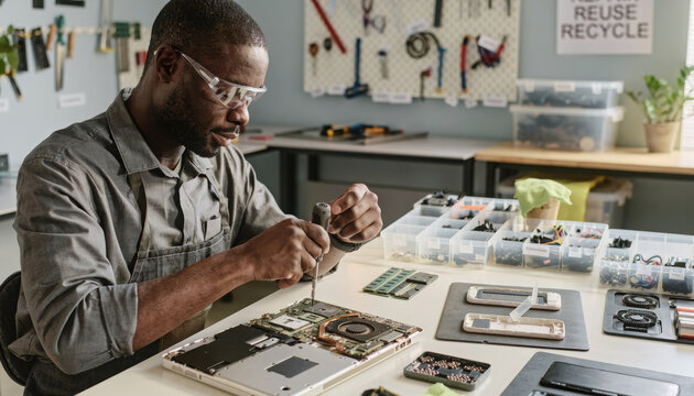 Refurbished electronics repair in clean workshop, showcasing technician working meticulously on device