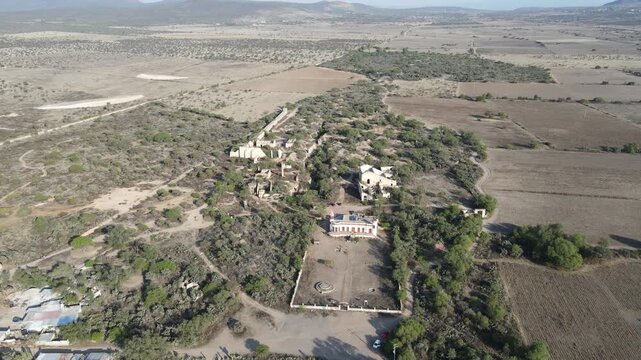 Mineral de Pozos Guanajuato vista a&eacute;rea desde dron .Old mining estates at Mineral de Pozos in Guanajuato, Mexico