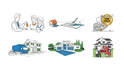 Fototapeta premium real estate process set with home buying selling moving and property listing illustrations
