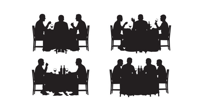 People dining together at restaurant tables having dinner and drinking wine with friends isolated silhouette set design.