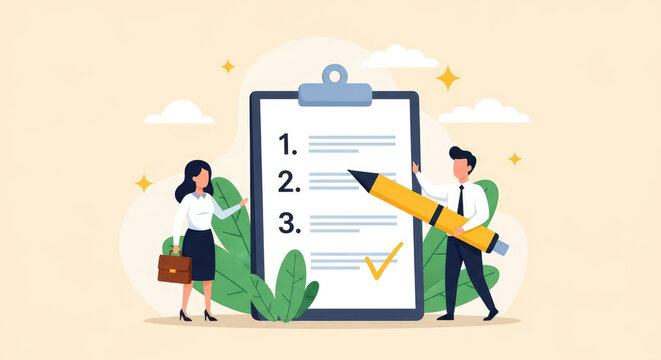 Two professionals checking off a task list together in an office setting