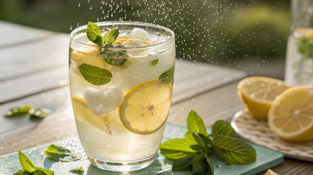 Fresh Homemade Lemonade with Ice and Mint in Summer Sunlight