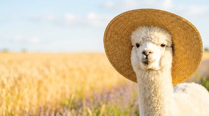 Fototapeta premium Cute alpaca wearing straw hat in golden wheat field with copy space for banner