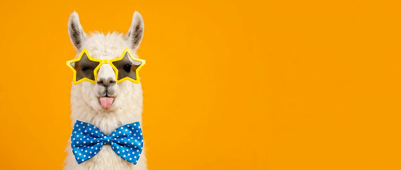 Fototapeta premium Funny llama in star sunglasses and bow tie showing tongue on yellow background with copy space for banner