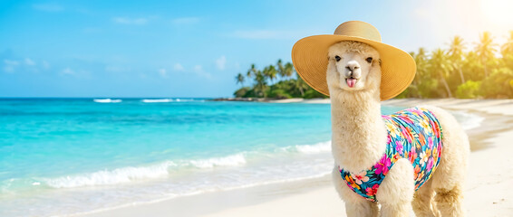 Fototapeta premium Funny alpaca in straw hat and floral swimsuit showing tongue on tropical beach with copy space
