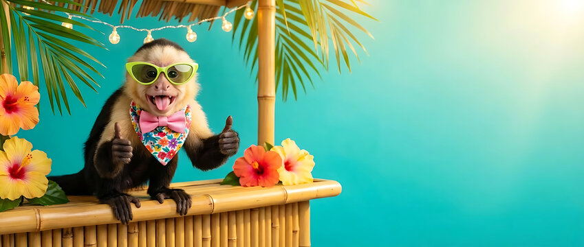 Funny capuchin monkey in sunglasses and bow tie showing thumbs up at tropical beach bar with copy space