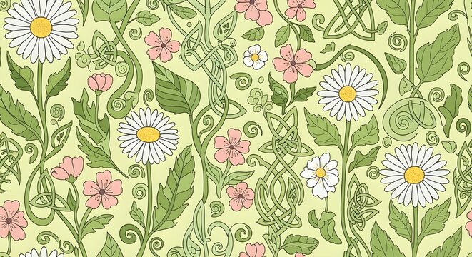 Seamless Vector Pattern Spring Flowers Daisies Blossoms Leaves Celtic Decorative Style Tileable Textile Design Graphic Background