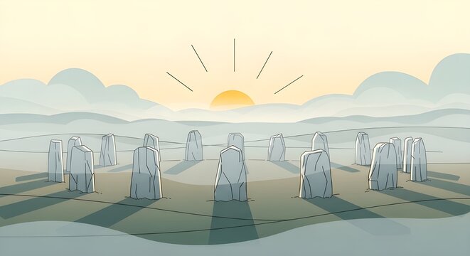 Ancient Stone Circle Vector Landscape Illustration Misty Atmosphere Sunrise Background Megalithic Monument Druid Celtic Theme