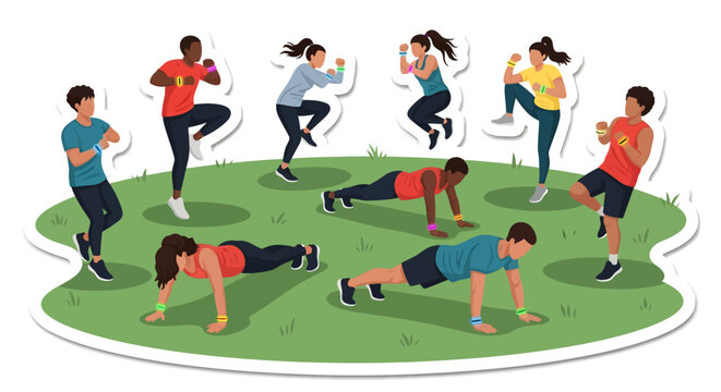 Diverse group of people exercising outdoors in a circle