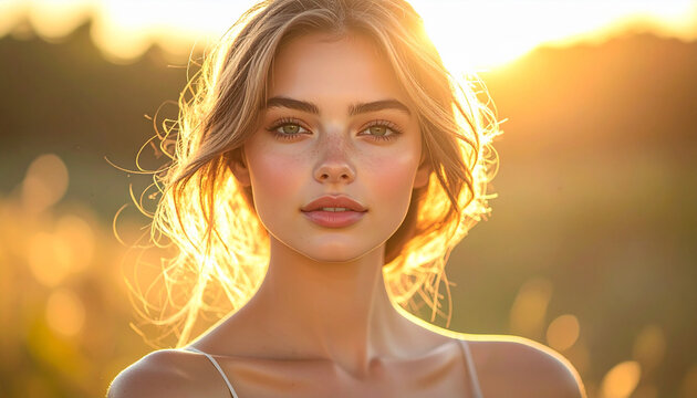 A modern woman with vibrant lighting poses outdoors in a portrait.