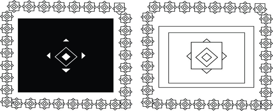Black and White Ornate Floral Frame Set with Central Diamond Motif - Vector Illustration