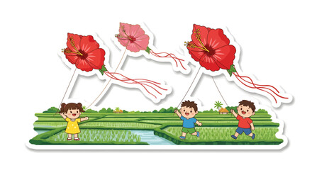Obraz premium Children flying kite in green field with red poppy flowers