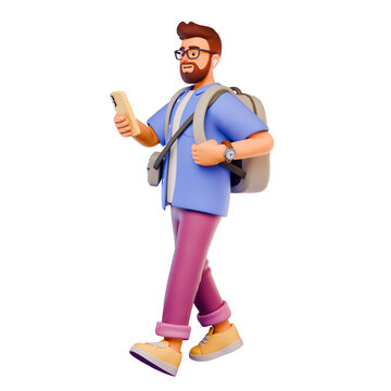 3D stylized bearded male traveler in casual clothes with backpack and walks and looks at smartphone