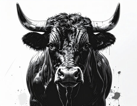 A savage bull character with horns forward and angry expression on white background