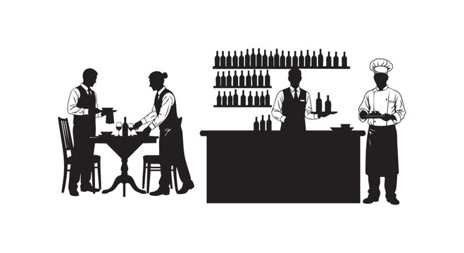 Restaurant staff silhouettes including chefs and waiters serving food and drinks at tables and counter vector.