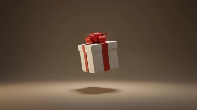 A beautifully rendered white gift box with a vibrant red ribbon gracefully floats against a warm brown backdrop, symbolizing joy, surprise, and celebration