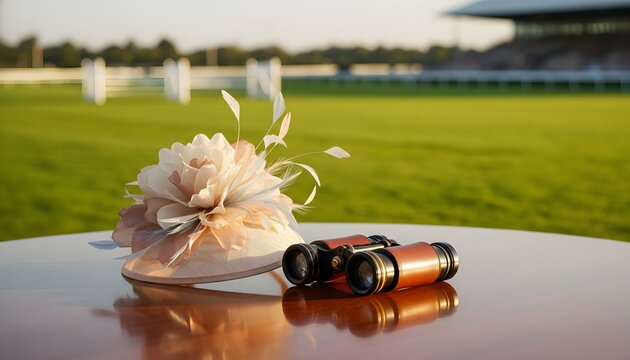 Elegant fascinator hat and vintage binoculars on a table at a horse racing event, capturing the royal ascot style and grand national tradition concept on blurred track background