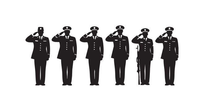 Saluting military police officers in uniform, conveying honor and discipline in a silhouette graphic.