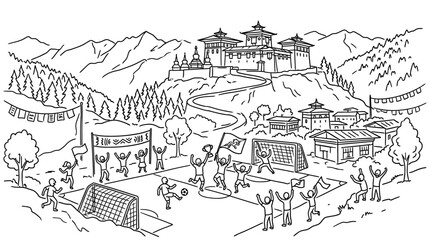 Fototapeta premium Soccer Game at Mountain Village in Bhutan