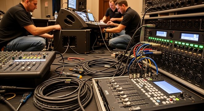 Professional recording studio setup with musicians and technicians in a busy room.