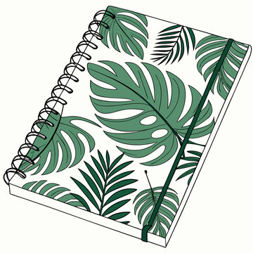 Tropical leaf print notebook isolated on white background vector illustration