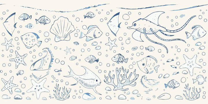 Blue line drawing of various marine life and seashells underwater