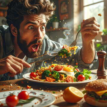 Man tries eating but food escapes plate in kitchen