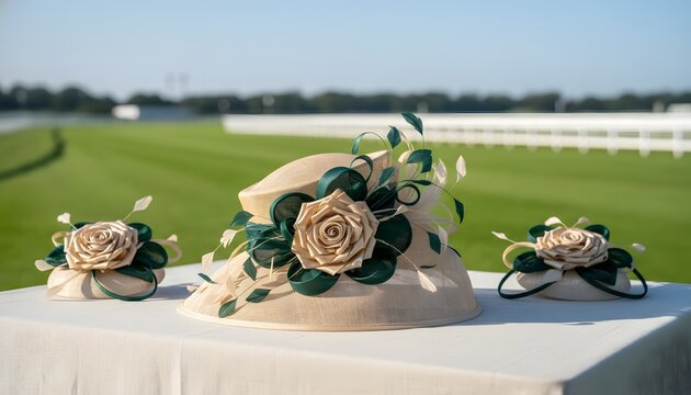 Fancy hats at races for a Grand National concept featuring elegant cream fascinators with green roses on a table overlooking a sunny horse racing track