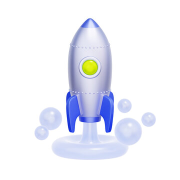 3D illustration of launching rocket with smoke bubbles for startup business, product launch, innovation, space exploration, project initiation, and rapid growth.
