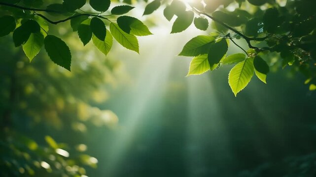 Golden light illuminates verdant leaves in a peaceful woodland, capturing the essence of natural renewal and harmonious growth in an enchanting display of serenity
