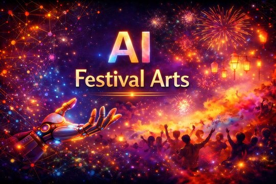 Ai festival celebration scene with fireworks lights and dancing crowd futuristic technology art concept for event promotion background design