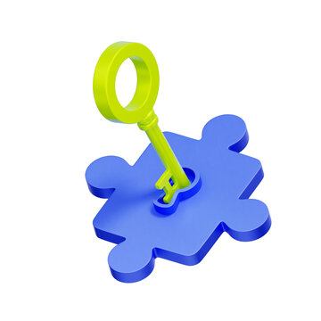 3D illustration of jigsaw puzzle piece with key inside keyhole for problem solving, finding solution, strategic unlocking, business answer, and mental challenge completion.