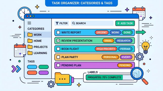 Task Organizer Interface with Categories, Tags, and Progress Tracking Features