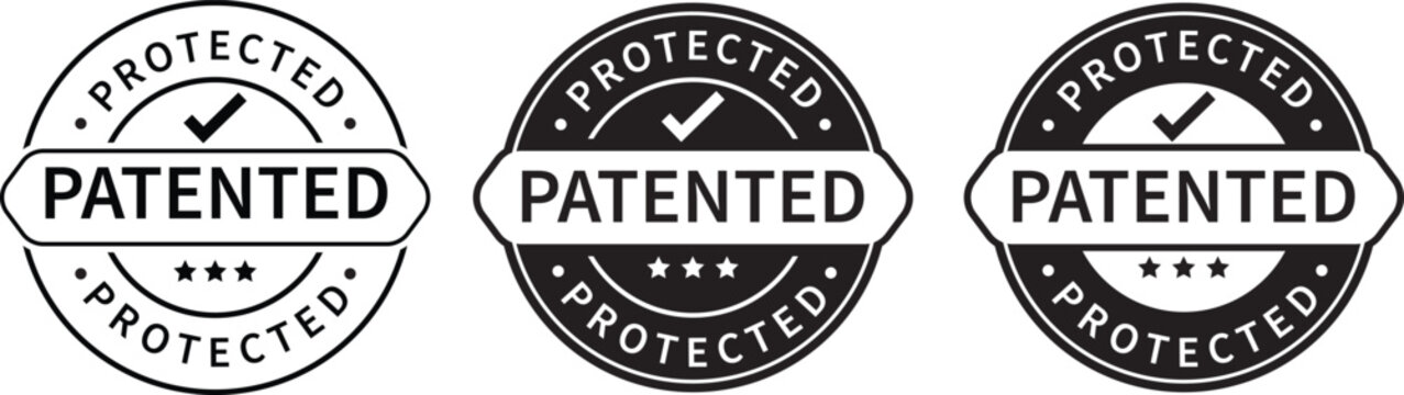 Patented Protected, Technology, Intellectual Property, Patent Applied logo, badge, icon, sticker, label, emblem, stamp, symbol, black, line circle, flat vector, isolated illustration.  