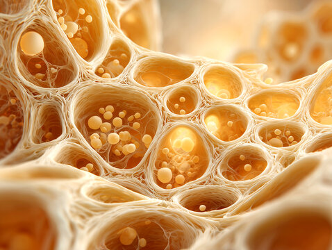 Human pulmonary alveoli anatomy cross section illustration showing alveolar sac chambers inter-alveolar septa and capillary network in warm amber gold tones on white background