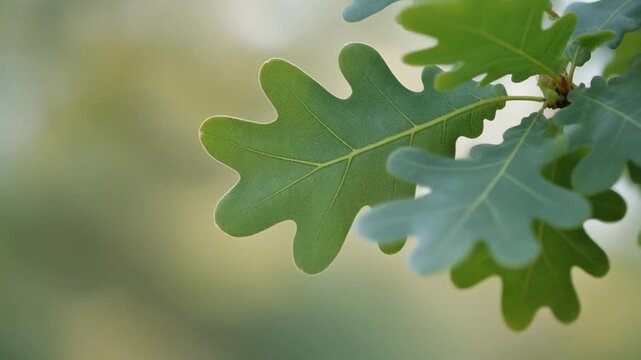 Close-up of green oak leaves on a branch with a soft, blurred background