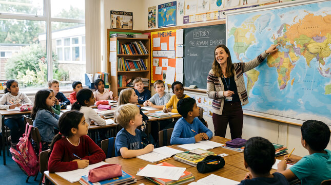 Teacher Teaching Geography Lesson to Children in the Classroom