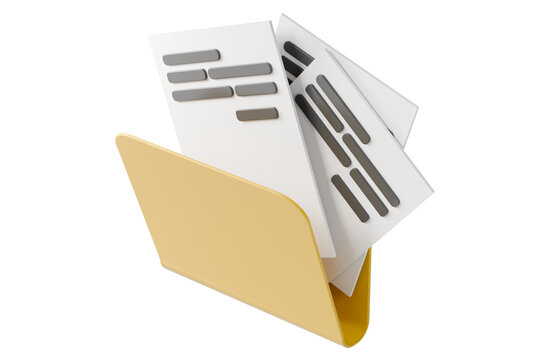 3d document folder icon. file storage concept. minimal cartoon folder with papers for office archive and document management. isolated on white transparent background. 3d render.