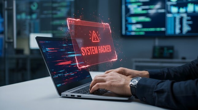Red Alert System Hacked Warning on Computer Screen in Dark Office