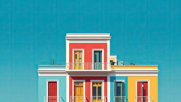 Colorful colonial-style houses against a bright blue sky