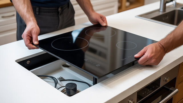 A close-up photograph of hands installing a black glass induction cooktop into a white countertop cutout