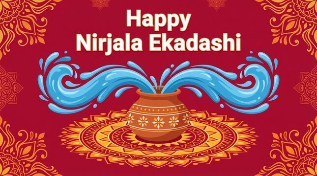 Nirjala Ekadashi water pot kalash with flowing splash and traditional rangoli pattern on red festive background for hindu fasting celebration design
