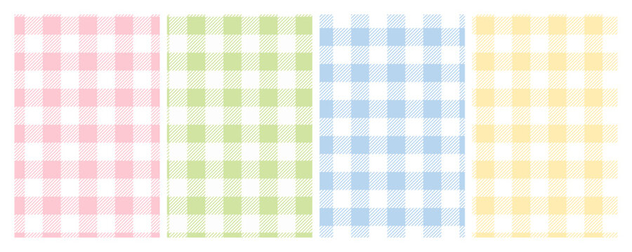 Pastel gingham seamless pattern set, plaid checkered backgrounds in pink green blue yellow picnic textile design collection