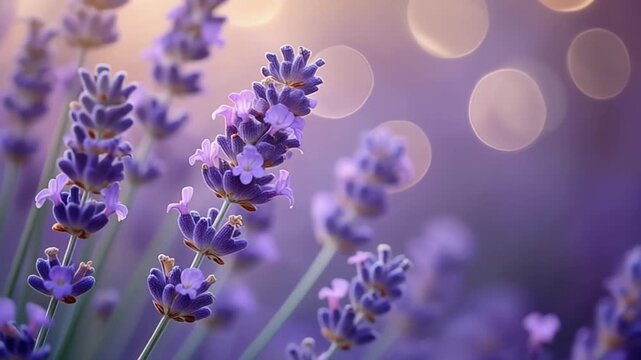 Serene close-up of delicate lavender flowers blooming under a soft, blurred bokeh background with warm, golden light filtering through