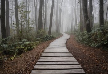 Fototapeta premium Mystical Wooden Boardwalk Through Foggy Forest
