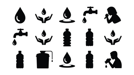 Obraz premium Black silhouette icons of water drops bottles faucets and people drinking or collecting water symbolizing hydration and resource conservation