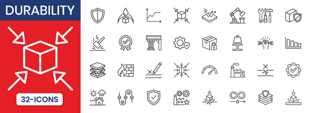 Durability Thin Line Icon Set Impact Scratch Weather Resistance Waterproof Protection