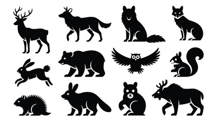 Obraz premium Silhouettes of wild animals including deer wolf fox bear owl squirrel rabbit hedgehog and moose isolated on white background bold minimalist design vector art style
